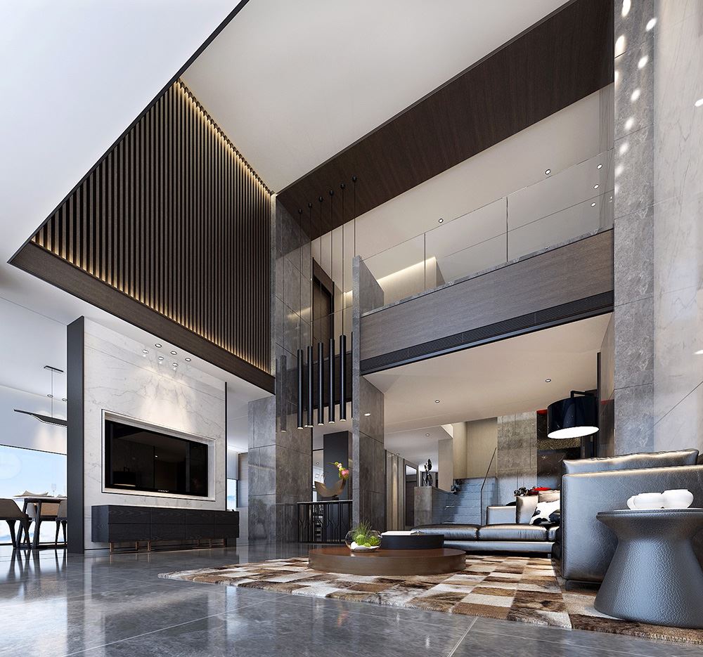 黑白灰现代简约风格室内装修效果图-保山天湖郦都别墅420平米